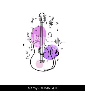 Art de ligne de guitare acoustique expressif dessiné à la main avec des notes de musique dans un style moderne de contour noir et blanc pour un design créatif Banque D'Images