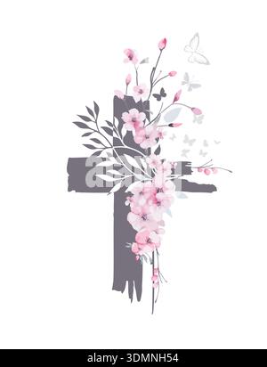 Croix religieuse avec fleurs de sakura. . Dessiné à la main. Pas ai, illustration vectorielle. Il est ressuscité dessiné à la main. Pas ai, illustration vectorielle Illustration de Vecteur