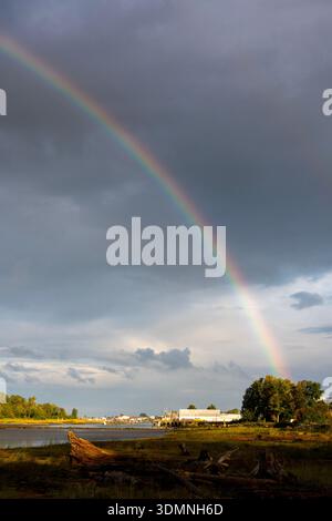 Harbour Marina Rainbow au-dessus de Steveston BC vertical.Rainbow au-dessus de Fishboats dans le port de Steveston sur le fleuve Fraser à Richmond, en Colombie-Britannique. Banque D'Images
