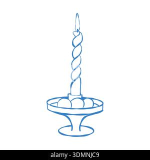 Illustration linéaire d'une bougie et d'œufs de Pâques. Clip de contour bleu vectoriel Elément de table festif. Illustration de Vecteur