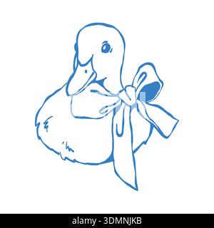 Canard mignon avec un arc, une illustration vectorielle cottagecore, esthétique printanière et de Pâques. Illustration vectorielle en bleu. Illustration de Vecteur