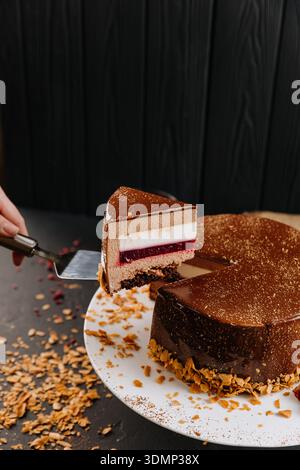Tranche de gâteau en mousse de chocolat en couches avec gelée de framboise sur spatule, fond foncé Banque D'Images