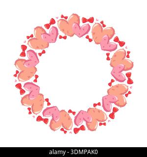 Cadre rond de dessin animé avec des coeurs doux rose pastel et pêche, avec de petits arcs rouges et de minuscules coeurs. Illustration isolée vectorielle Illustration de Vecteur