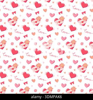 Modèle sans couture de Saint-Valentin avec des coeurs de bande dessinée, des lettres d'amour et des fleurs sur fond blanc. Imprimé de vacances de fête vectoriel Illustration de Vecteur