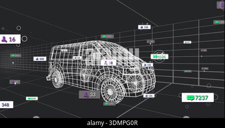 Affichage du modèle van filaire blanc planant dans une grille 3D virtuelle sombre, avec des badges d'interface utilisateur flottants Banque D'Images