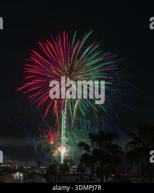 Feux d'artifice vibrants et colorés éclatant dans le ciel nocturne au-dessus d'une ligne d'horizon urbaine avec des silhouettes de palmiers. Banque D'Images
