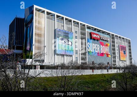 Santa Clara, États-Unis. 06th Feb, 2026. Levi's Stadium est vu devant le Super Bowl LX à Santa Clara, Californie, le 6 février 2026. Le Super Bowl LX se déroule le 8 février 2026 entre les Patriots de la Nouvelle-Angleterre et les Seahawks de Seattle. (Photo de Kindell Buchanan/Sipa USA) crédit : Sipa USA/Alamy Live News Banque D'Images