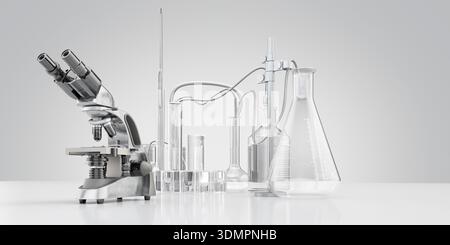 Équipement de laboratoire. Illustration d'un microscope optique et de verrerie de laboratoire. Banque D'Images