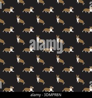 Motif de chien corgi mignon sans couture sur fond sombre. Illustration vectorielle de conception de répétition de chiot de dessin animé pour les amoureux des animaux de compagnie, le tissu et le décor de pépinière Illustration de Vecteur