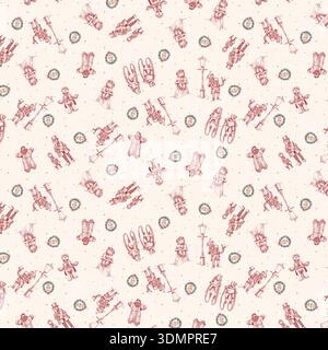 Motif de Noël Vintage sans couture avec des caroleurs, des bonhommes de neige et des couronnes de vacances ; illustration monochrome rouge et crème élégante pour cadeau traditionnel Illustration de Vecteur