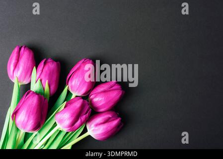 Bouquet de tulipes roses placé sur fond texturé foncé avec espace de copie. Concept journée femme. Vue de dessus, pose à plat, espace de copie. Banque D'Images