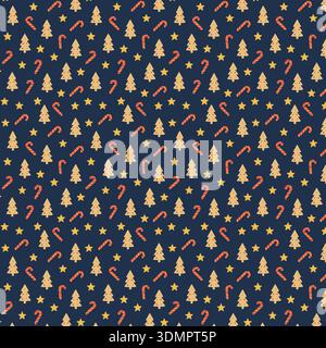 Motif de Noël sans couture avec des arbres d'or, des cannes de bonbons rouges et des étoiles sur un fond bleu foncé. Illustration festive de vacances Illustration de Vecteur