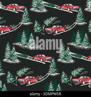 Une charmante illustration vectorielle sans couture mettant en vedette une voiture rouge vintage transportant un arbre de Noël à travers une forêt enneigée à feuilles persistantes. Cet hiver festif ho Illustration de Vecteur