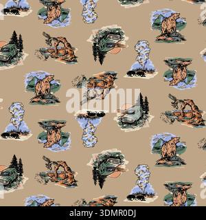 Motif ours sauvage sans couture avec scènes de faune stylisées avec forêts, geysers et grizzlis. Illustration vectorielle d'aventure vintage Illustration de Vecteur