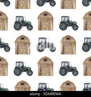 Modèle sans couture avec tracteurs agricoles et granges. Illustration d'aquarelle dessinée à la main. Parfait pour les arrière-plans, les textiles, le papier d'emballage, et plus encore Banque D'Images