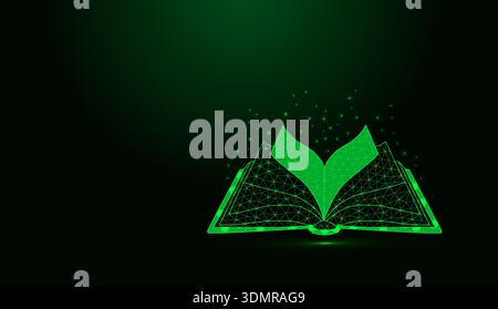 Filaire vert brillant à livre ouvert bas poly sur fond sombre. Illustration de Vecteur