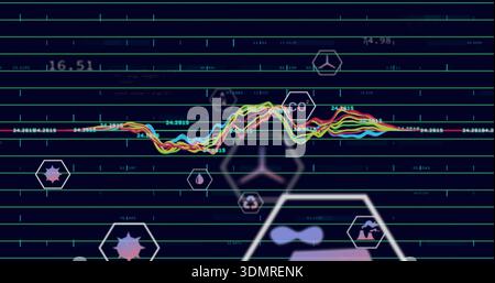 Affichage des lignes de tendances de forme d'onde néon sur le tableau de bord, avec des icônes hexagonales Banque D'Images