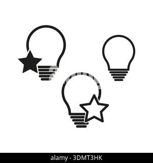 Jeu d'idées d'ampoules. Pensée créative et symboles de classement par étoiles. Lampes Black Line Art. Concept d'innovation et d'inspiration. SPE 10. Illustration de Vecteur