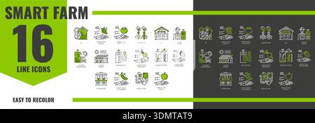Icônes de ligne de technologie de ferme intelligente robot, industrie agricole. Signes vectoriels de l'IA, récolte des cultures, recherche en laboratoire, contrôle iot et agriculteur intelligent. Surveillance du climat, énergie solaire et navigation Illustration de Vecteur