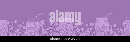 Contour de la bordure sans couture de la boisson de cassis. Limonade rafraîchissante en pot mason, cocktail avec des cubes de glace, des baies, de la menthe et de la paille sur fond violet. L Illustration de Vecteur