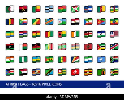 Africa Flags Pixel Art icônes 16x16. Ensemble vectoriel de plus de 50 interprétations stylisées, simplifiées et abstraites de pixels de motifs de drapeau en usage courant depuis 2026. Illustration de Vecteur