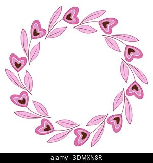 Cadre rond Kawaii de fleurs et de coeurs roses Illustration de Vecteur