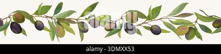 Bordure d'aquarelle horizontale sans couture faite de branches d'oliviers avec des olives vertes et noires. Illustration botanique peinte à la main Banque D'Images