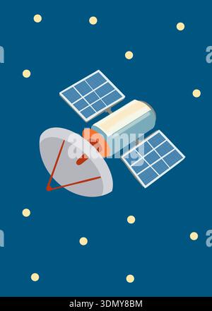 Illustration d'un satellite flottant dans l'espace extra-atmosphérique. Le satellite dispose de panneaux solaires et d'une grande parabole, entourée d'étoiles sur un bleu foncé Banque D'Images