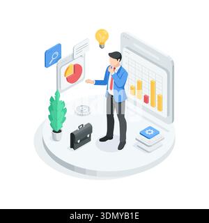 Concept de vecteur isométrique d'un homme d'affaires travaillant avec des graphiques, en couleur sur un fond blanc, travail mental ou analyste financier Illustration de Vecteur