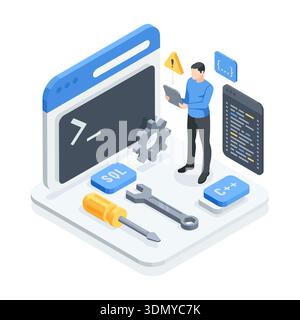 Vecteur isométrique homme avec une tablette sur une plate-forme avec des fenêtres de programme et des outils, en couleur sur un fond blanc, débogage et configuration de logiciels ou Illustration de Vecteur