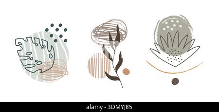 Ensemble graphique abstrait de feuilles tropicales et de taches. Feuilles et éléments linéaires. Illustration vectorielle d'art mural naturel minimaliste. Dessin au trait en mètre Illustration de Vecteur