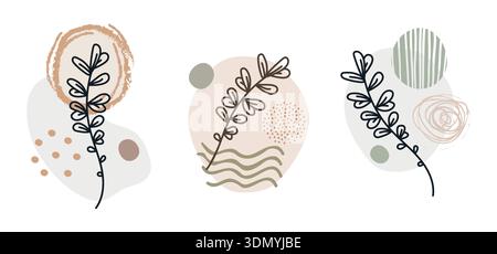Ensemble graphique abstrait de feuilles, de points et de taches. Illustration vectorielle de collection d'art mural isolé linéaire minimaliste et naturel. Dessin au trait, tendance Illustration de Vecteur