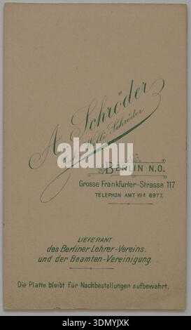 Verso d'une carte de cabinet de la fin du XIXe siècle (format mignon), Atelier A. Schröder, Berlin. Banque D'Images