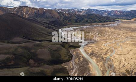 Vue aérienne de la région islandaise de Landmannalaugar avec des montagnes colorées de rhyolite, des rivières tressées, un terrain sablonneux et des sommets enneigés dans le backgrou Banque D'Images