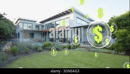Montrant une maison de deux étages avec des portes vitrées et une pergola dans la cour arrière, avec des icônes flottantes du dollar Banque D'Images
