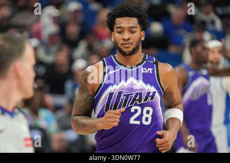 Orlando, Floride, États-Unis, 7 février 2026, joueur de jazz de l'Utah Brice Sensabaugh #28 au Kia Center. (Crédit photo : Marty Jean-Louis/Alamy Live News Banque D'Images