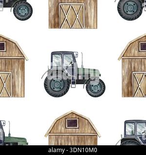Modèle sans couture avec tracteurs agricoles et granges. Illustration d'aquarelle dessinée à la main. Parfait pour les arrière-plans, les textiles, le papier d'emballage, et plus encore Banque D'Images