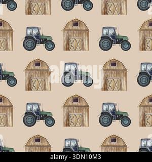 Modèle sans couture avec tracteurs agricoles et granges. Illustration d'aquarelle dessinée à la main. Sur un fond marron clair. Parfait pour les arrière-plans Banque D'Images