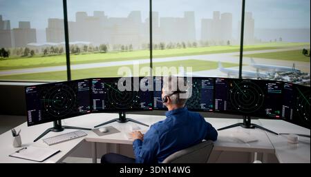 Technologie de sécurité du trafic aéroportuaire : les employés surveillent les aéronefs à l'aide d'un radar dans la tour de contrôle. Banque D'Images