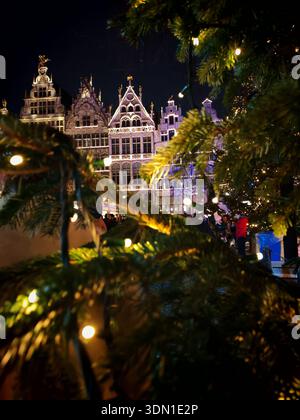 Anvers, Belgique - 27 décembre 2025 : Fermer l'arbre de noël de nuit avec des décorations et des maisons Grote Markt dans les lumières Banque D'Images