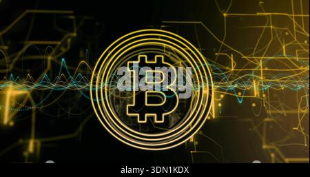 Symbole Bitcoin doré brillant pulsant avec des anneaux concentriques dans le cyber-réseau, montrant la forme d'onde sarcelle Banque D'Images