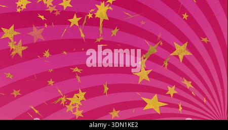 Toile de fond rayonnante montrant des rayures magenta et une spirale éclatante en bas à droite, avec des étoiles dorées scintillantes Banque D'Images