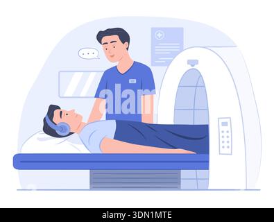 Le personnel médical conseille le patient avant une IRM à l'hôpital pour diagnostiquer une maladie pour les soins de santé et le bilan de santé concept Clip Art Illustration de Vecteur