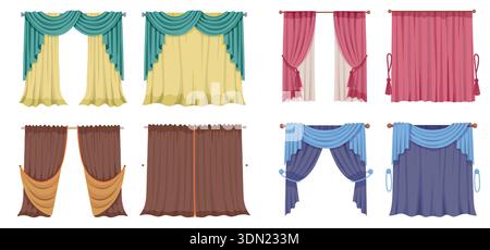 Rideaux fermés et ouverts pour l'intimité de la fenêtre avec un tissu épais occultant ou un tulle élégant pour l'intérieur de la maison. Collection vectorielle avec corniche et drapé Illustration de Vecteur