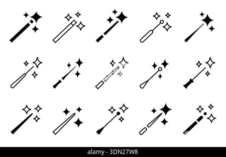 Icônes de baguette ai magique avec des étoiles scintillantes. Baguettes lumineuses pour les outils d'éditeur de fantasy d'intelligence artificielle. Générer ou symbole de bâton de magicien miracle de conte de fées Illustration de Vecteur