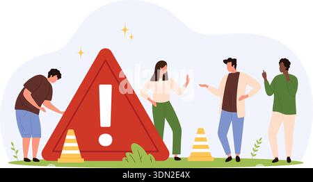 Groupe de personnes diverses debout près du grand panneau d'avertissement rouge avec point d'exclamation et cônes de sécurité, communiquant sur la prudence et la sensibilisation au risque, illustration vectorielle isolée Illustration de Vecteur