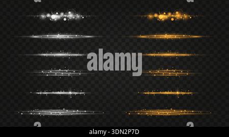 Lignes brillantes horizontales dorées et blanches, ensemble d'effets lumineux. Bandes laser transparentes luminescentes. Illustration de Vecteur