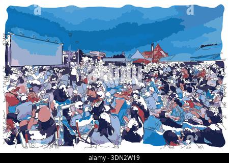 Dessin-style impressionniste peinture, la foule regardé un film à l'extérieur, image vectorielle d'illustration numérique Illustration de Vecteur