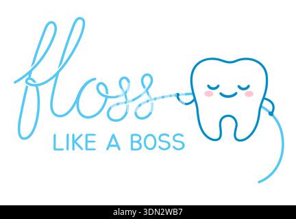 Fil dentaire comme un Boss, dessin de dessin animé mignon. Affiche de rappel de style comique pour les enfants. Soie dentaire drôle de personnage de dent. Illustration clip art vectorielle. Illustration de Vecteur