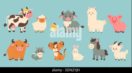 paquet d'animaux de ferme avec le chien de poulet de mouton de cochon de vache et illustration vectorielle de chat. Illustration de Vecteur